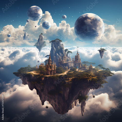 Surreal floating islands in a celestial sky. 