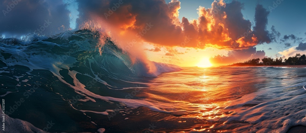 Gorgeous sunset surf wave near tropical coastline.