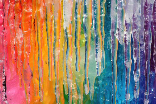 Vivid ice stalactites captured in a row, a spectacle of frozen colors