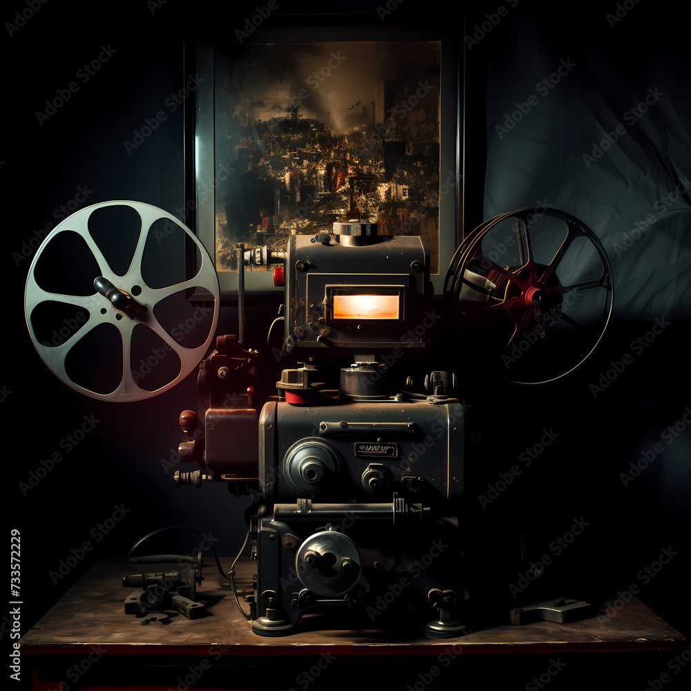 Vintage film projector in a dark room.