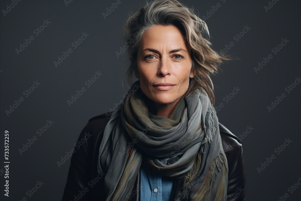 Portrait of a beautiful middle-aged woman wearing a scarf.