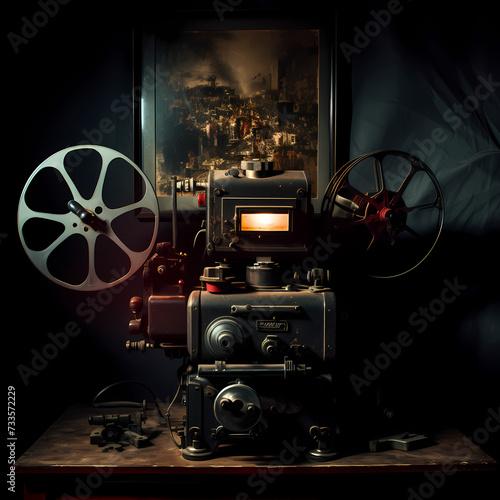 Vintage film projector in a dark room. © Cao