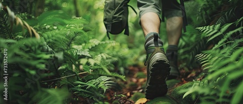 Trekker walking through a vibrant jungle, with a focus on the lush surroundings and footwear 