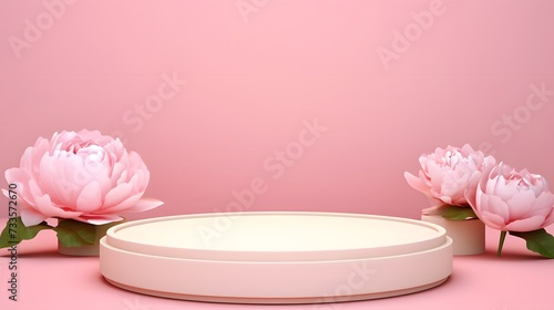 Creative composition for product advertising. Empty round podium platform stand for beauty product presentation and beautiful peonies flowers around on pink background. Front view