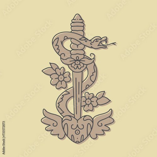 American tattoo oldschool style hand draw vector illustration of a snake