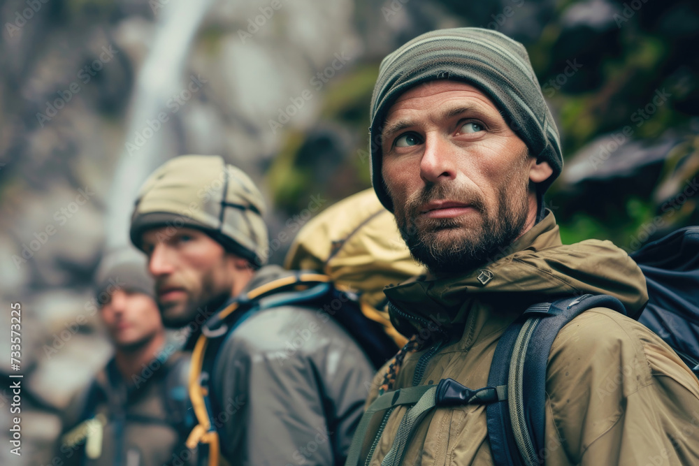 Adventurous faces against mountain backdrop