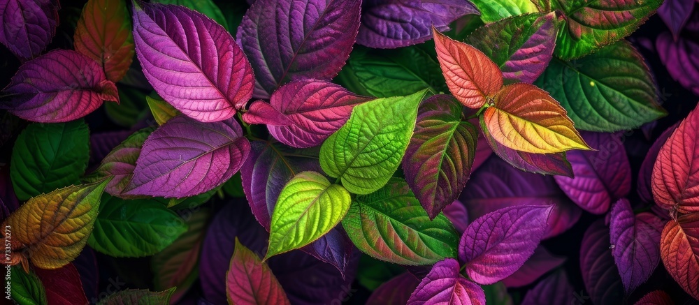 Fototapeta premium Vibrant Purplish, Red, and Green Marian Leaves: A Stunning Display of Purplish, Red, Green, and Marian Leaves in Nature's Palette