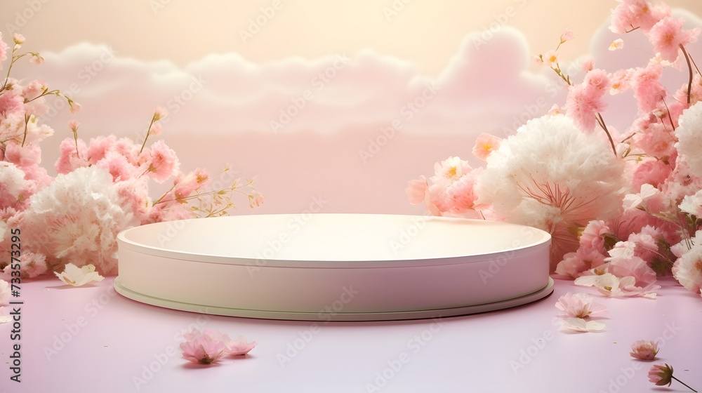 Empty round platform podium for cosmetic products advertising surrounded surreal fantasy spring summer flowers in pastel colors.