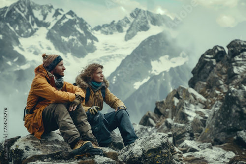 Adventurous faces against mountain backdrop