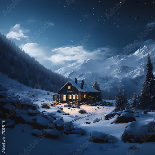 A calm and isolated cabin in the snow.  © Cao