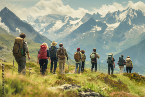 Hiking group enjoying mountain views © Veniamin Kraskov