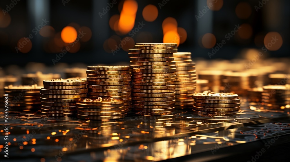 Stack of gold coins on the table with blurred background. Stack of gold coins on the table with blurred background.