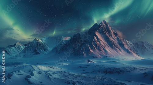 Snow-covered mountains illuminated by the aurora borealis