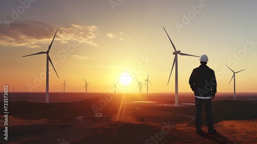 An engineer in a reflective vest and hardhat is inspecting a tablet with wind turbines in the background during sunset. 