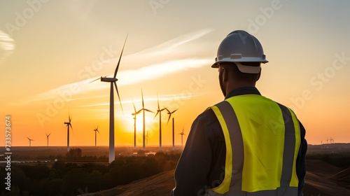 An engineer in a reflective vest and hardhat is inspecting a tablet with wind turbines in the background during sunset. 