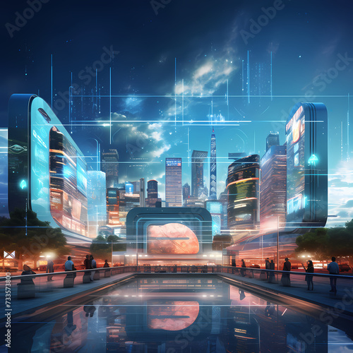A futuristic skyline with holographic billboards.