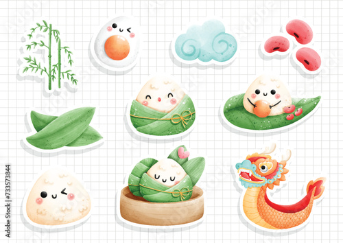 Watercolor Dragon Boat Festival, Rice Dumpling Sticker. Vector illustration