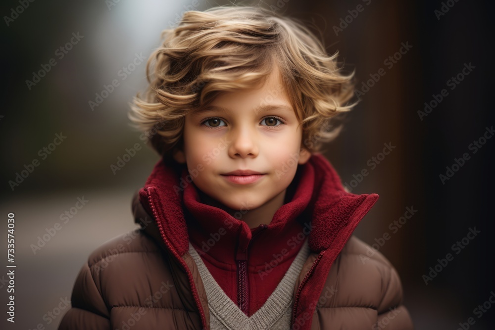 Portrait of a cute little boy with blond curly hair in a brown coat and red scarf Portrait of a cute little boy with blond curly hair in a brown coat and red scarf