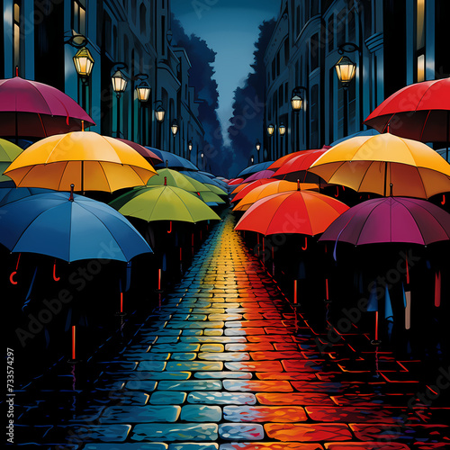 A row of colorful umbrellas in the rain. 