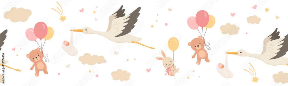 Cute vector border for childish textiles or fabrics with flying stork holding newborn, bear and bunny on balloon in clouds on white background