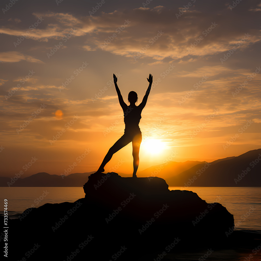A silhouette of a person doing yoga at sunrise.