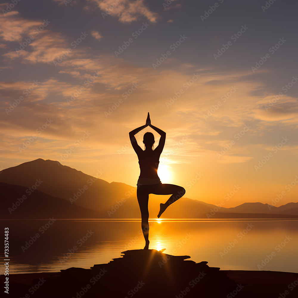 A silhouette of a person doing yoga at sunrise.