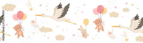 Cute vector border for childish textiles or fabrics with flying stork holding newborn, bear and bunny on balloon in clouds on white background