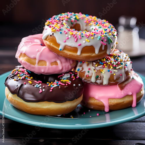 A stack of colorful donuts on a plate.