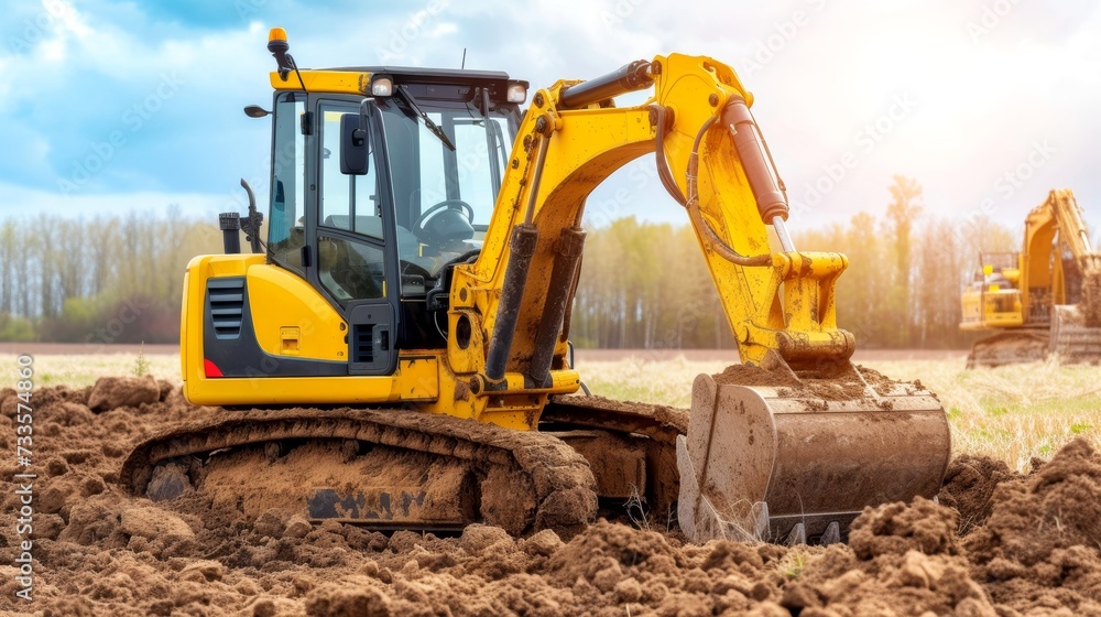 Excavator in construction site with sunlight background Excavator in construction site with sunlight background