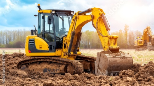 Excavator in construction site with sunlight background