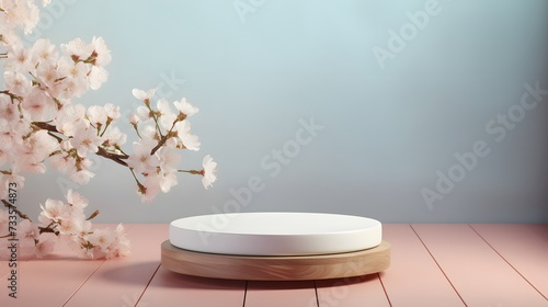 Round podium platform stand for product presentation and spring flowering tree branch with white blossom flowers on pastel background. Front view