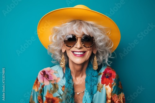 Portrait of smiling senior woman in hat and sunglasses on blue background