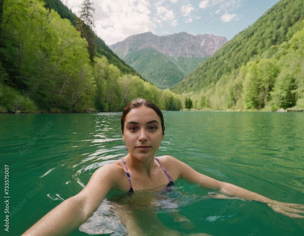 Fototapeta premium Illustrate a scene where a young woman is swimming in a green lake nestled among trees and mountains, and she is looking straight at the camera