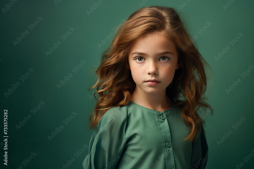 Portrait of a cute little girl with long curly hair in a turquoise shirt. Portrait of a cute little girl with long curly hair in a turquoise shirt.