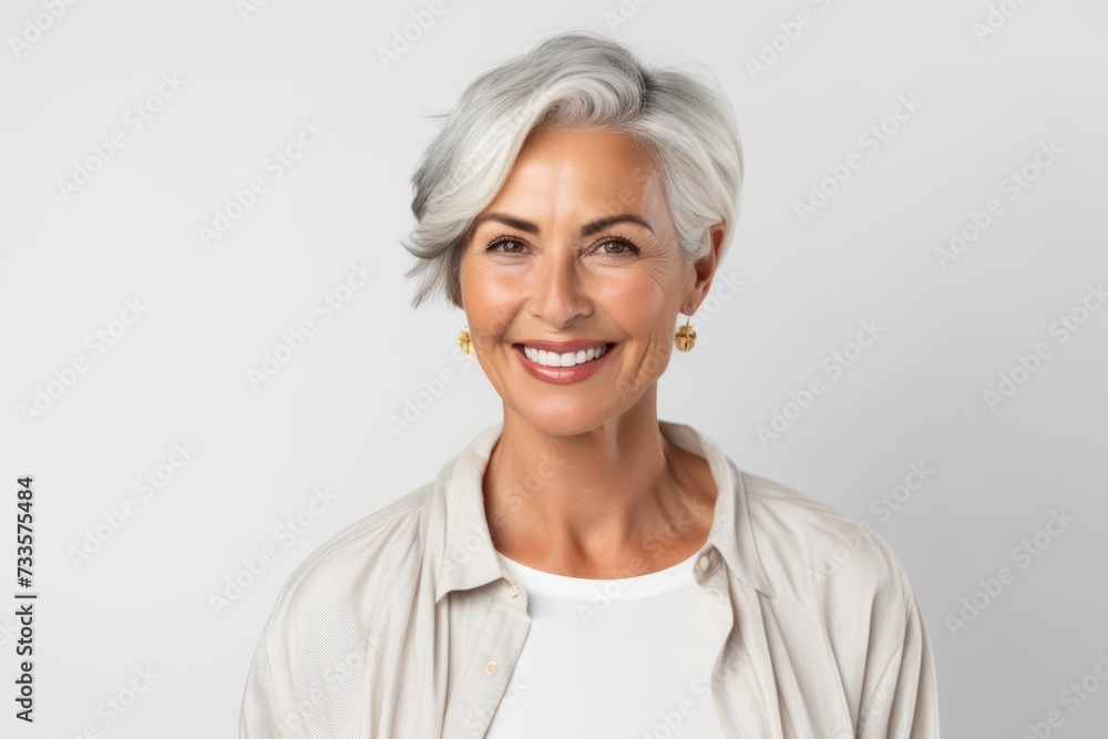 Portrait of smiling mature woman with short grey hair, isolated on white background Portrait of smiling mature woman with short grey hair, isolated on white background