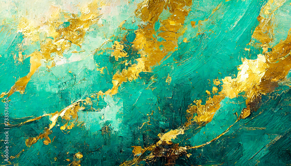 abstract grunge wallpaper with green and gold hand drawn brush strokes, 16:9 widescreen background