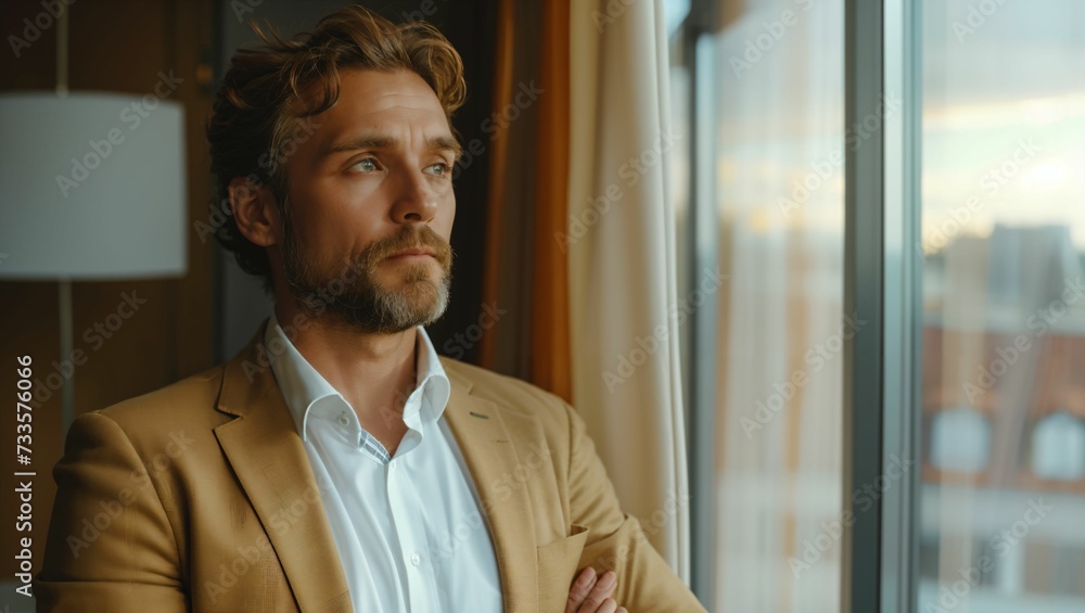 Fototapeta premium Businessman standing by the window in the office, pretending to think