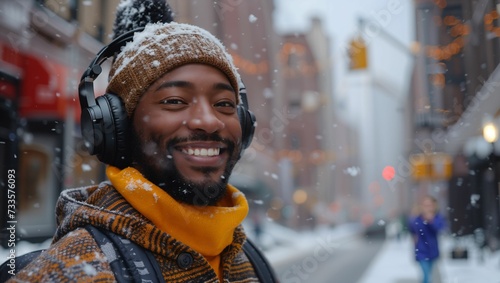 A man in headphones enjoying a snowy day in the city © akarawit