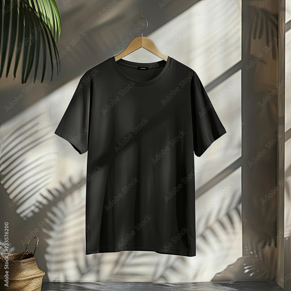 Tshirt Black MockUp Isolated displayed against a backdrop of Surroundings with a Fabric Texture stylish Shadow effect, tshirt only no model Tshirt Black MockUp Isolated displayed against a backdrop of Surroundings with a Fabric Texture stylish Shadow effect, tshirt only no model