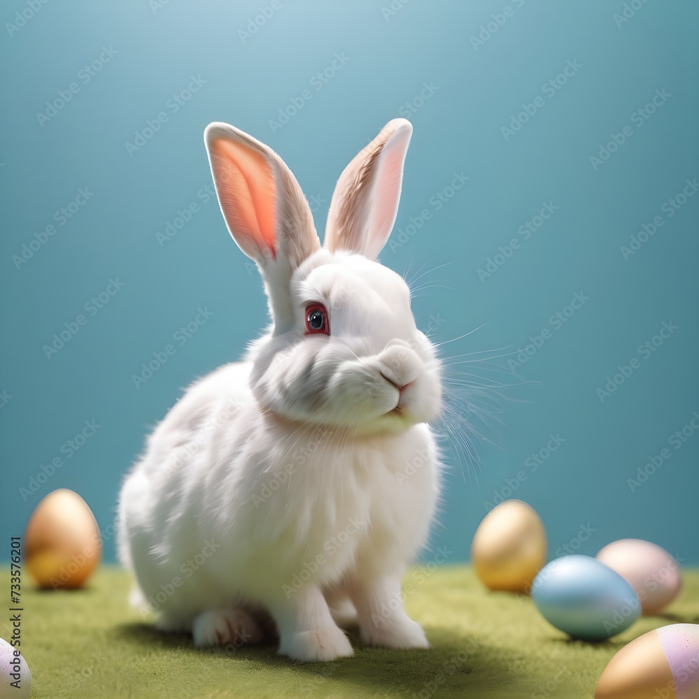 Obraz premium White rabbit ear on pastel blue background. Easter day. 3d rendering