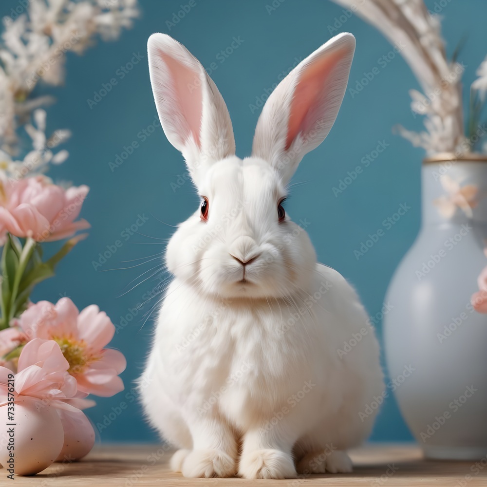 Obraz premium White rabbit ear on pastel blue background. Easter day. 3d rendering