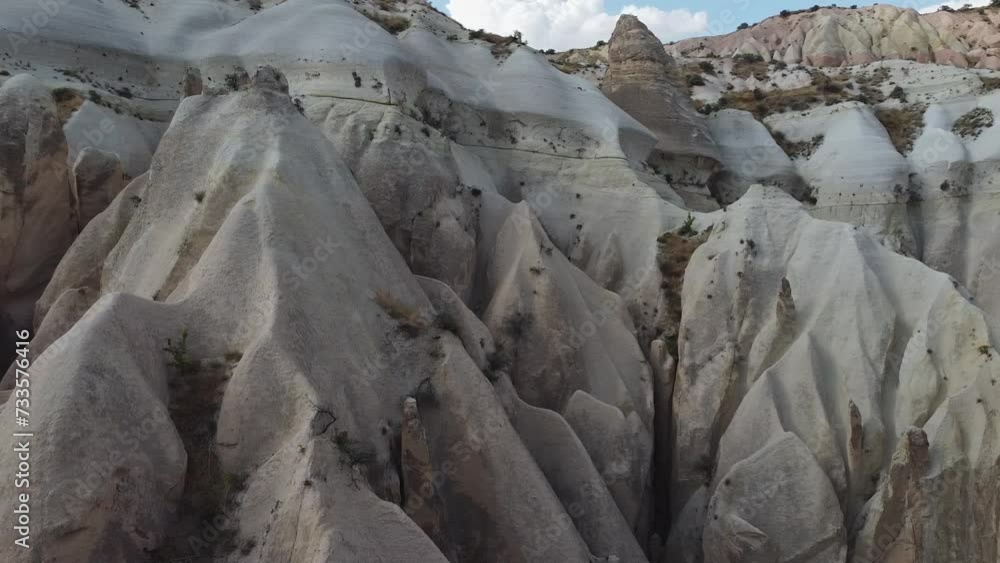 Drone panning sideways from the right to the left side of the frame, showing the natural rock formations of Cappadocia located in Turkey. Drone panning sideways from the right to the left side of the frame, showing the natural rock formations of Cappadocia located in Turkey.