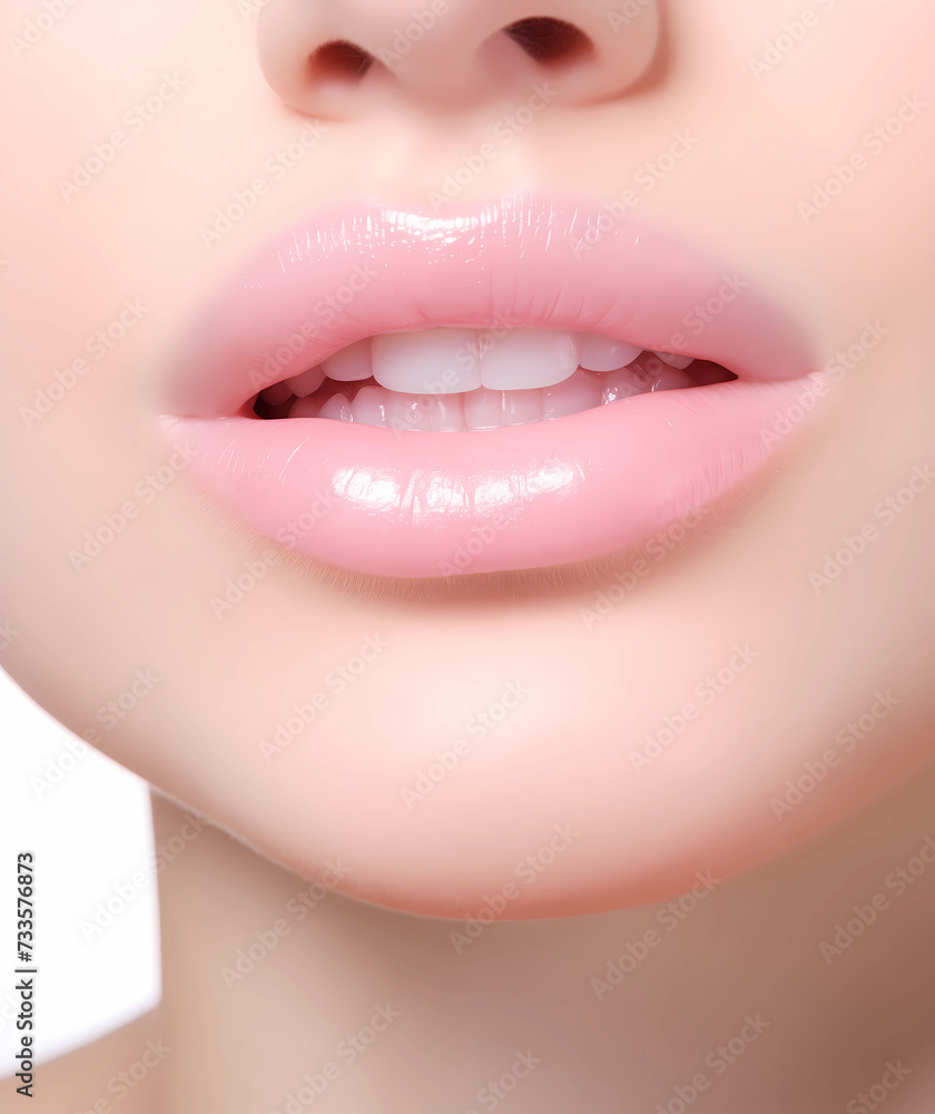 Cropped close up image of a woman lips with baby pink glossy lipstick. Model with perfect plump Lips. Lips makeup closeup. Beauty clinic concept Cropped close up image of a woman lips with baby pink glossy lipstick. Model with perfect plump Lips. Lips makeup closeup. Beauty clinic concept