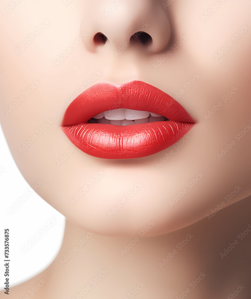 Fototapeta premium Cropped close up image of a woman lips with fashion red glossy lipstick. Model with perfect plump Lips. Lips makeup closeup. Beauty clinic concept