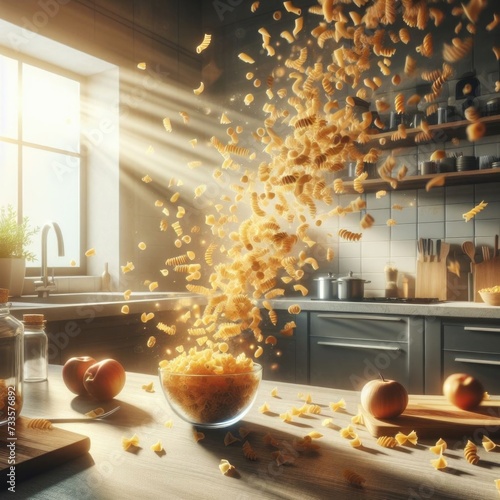 Numerous pasta pieces are magically floating in mid-air, creating a sense of motion and energy photo