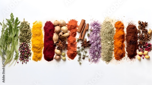 Various colorful spices and herbs are arranged in a neat row on a white background. 