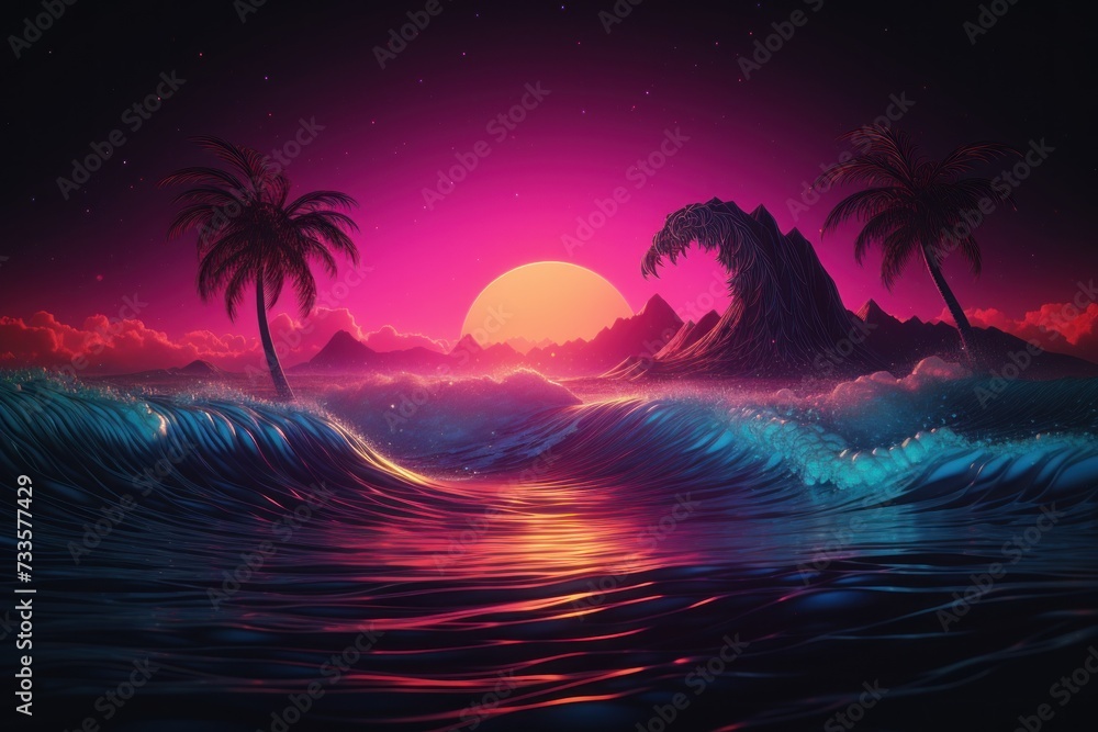 Synthwave sunset, landscape, 80's retro synthwave color design ocean wave