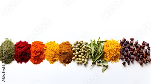 Various colorful spices and herbs are arranged in a neat row on a white background. 