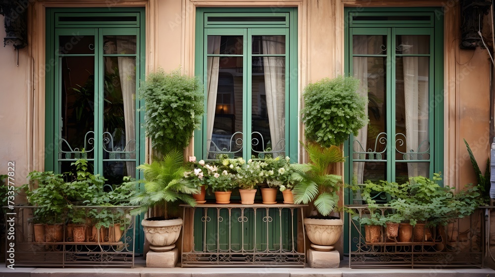 Window doors and french balcony decorated with three green potted plants