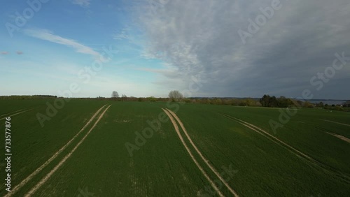 Wallpaper Mural Drone recording, where the drone flies over green grass fields. Torontodigital.ca